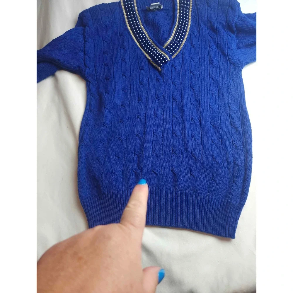 Eminent Vintage Royal Blue Cable Knit Pearl Beaded V-Neck Sweater Small Womens